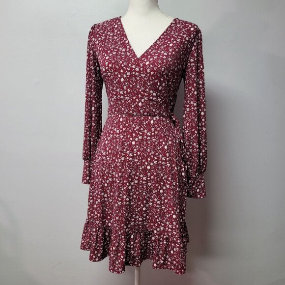 Kaileigh Dress Red Floral Soft Flowy Tie Waist Long Sleeve Tradwife V Neck Small - Picture 1 of 10